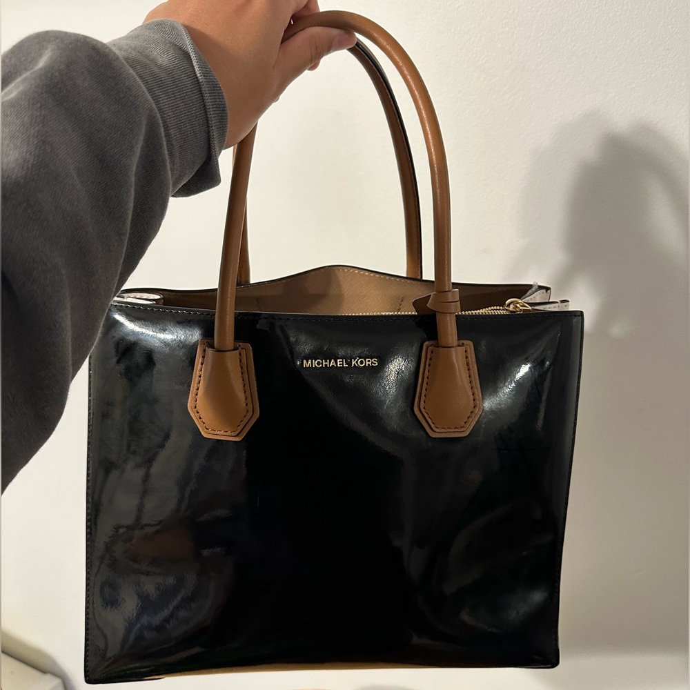 Michael Kors Bags | Black White Brown Patent Leather Tote Handbag Purse